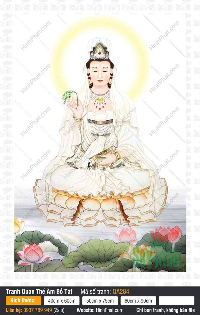 Hình Bồ Tát Quan Thế Âm QA284 Hình Bồ Tát Quan Thế Âm QA284 khoác bạch y tọa thiền trên đài sen