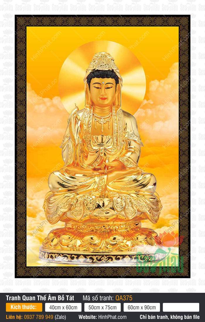 Hình Bồ Tát Quan Thế Âm QA375 Hình Bồ Tát Quan Thế Âm QA375 dát vàng ngồi thiền định trên đài sen giữa hào quang vàng
