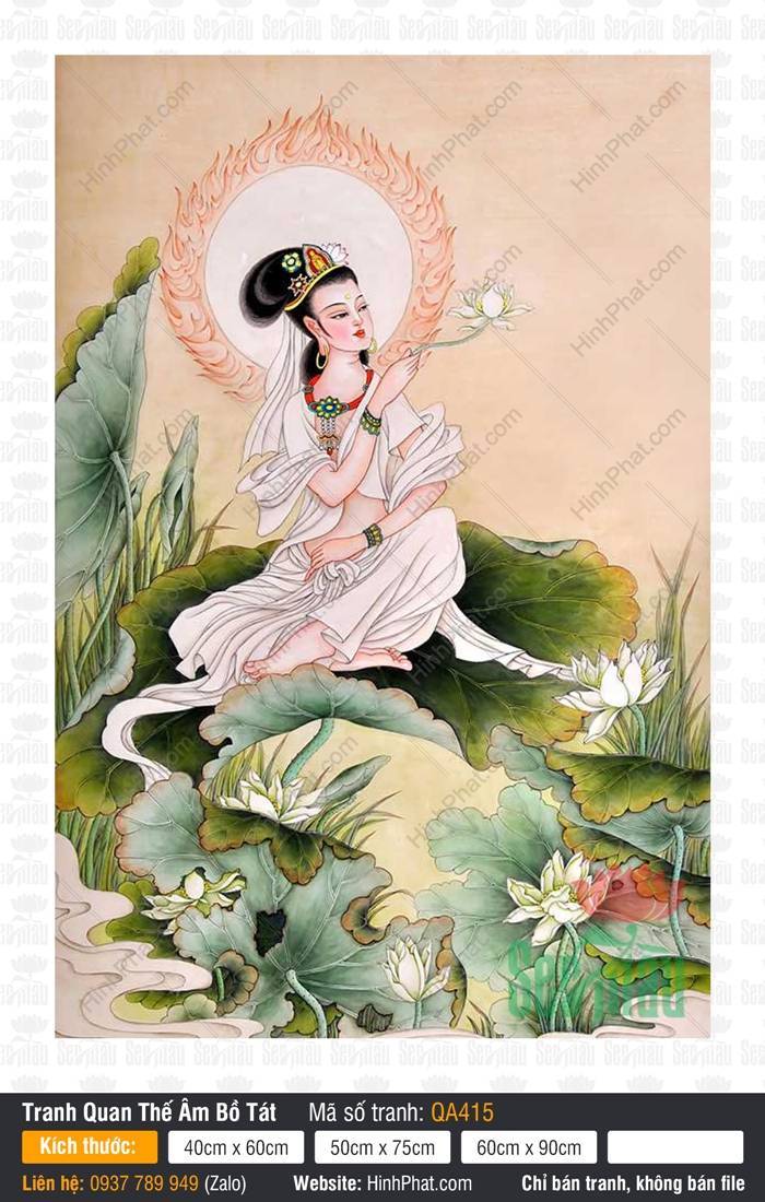 Hình Bồ Tát Quán Thế Âm QA415 Hình Bồ Tát Quán Thế Âm QA415 ngự trên lá sen xanh tay cầm đóa sen trắng thanh tao