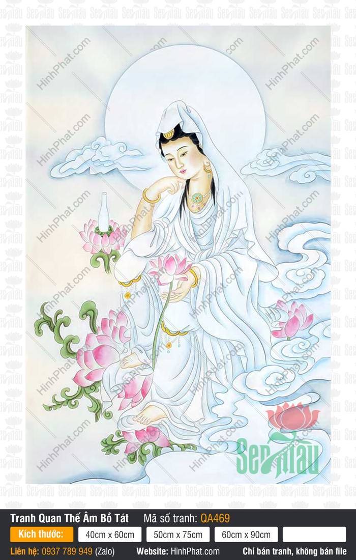 Hình Bồ Tát Quán Thế Âm QA469 Hình Bồ Tát Quán Thế Âm QA469 mặc bạch y ngồi thiền cầm sen hồng giữa làn mây trắng bồng bềnh