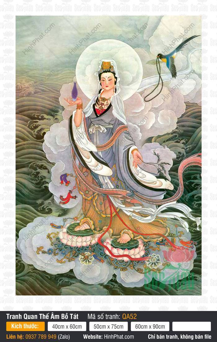 Hình Bồ Tát Quan Thế Âm QA52 Hình Bồ Tát Quan Thế Âm QA52 ngự đứng hai đài sen giữa biển sóng cuộn