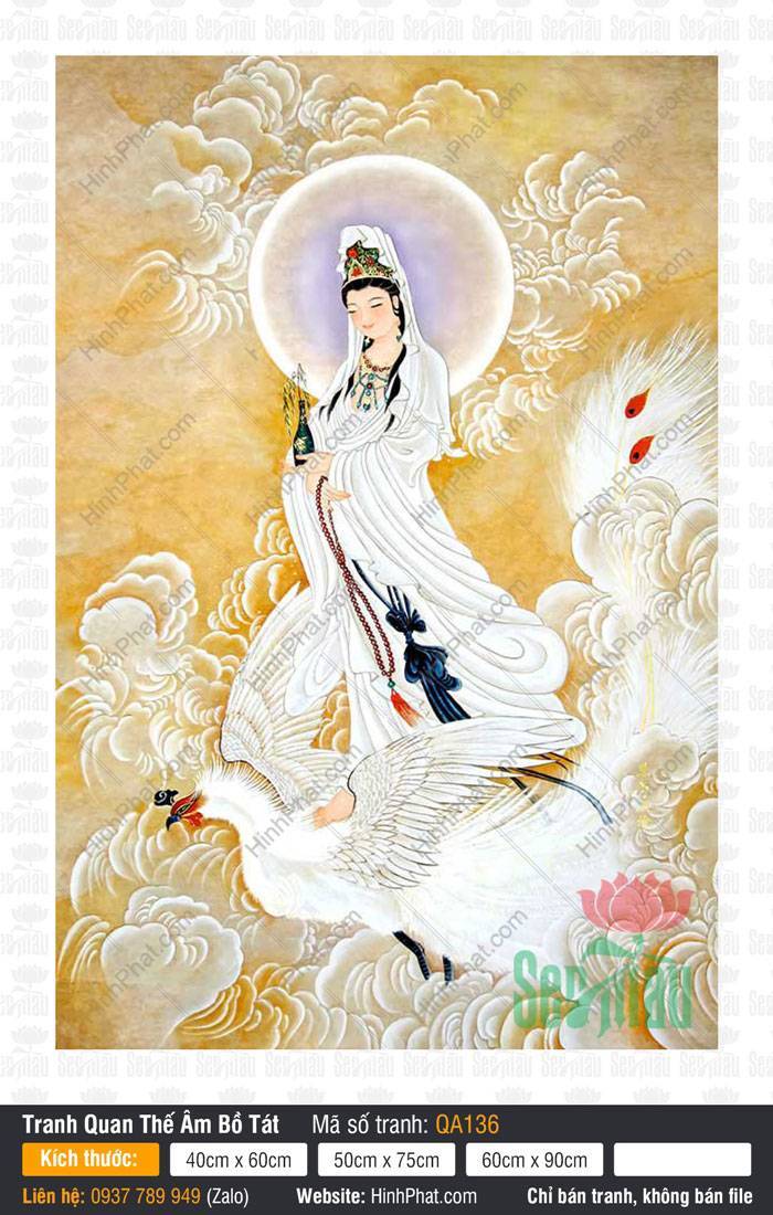 Hình Đẹp Nhất Về Phật Quan Âm Bồ QA136 Hình Đẹp Nhất Về Phật Quan Âm Bồ QA136 khoác áo trắng cưỡi hạc giữa mây vàng