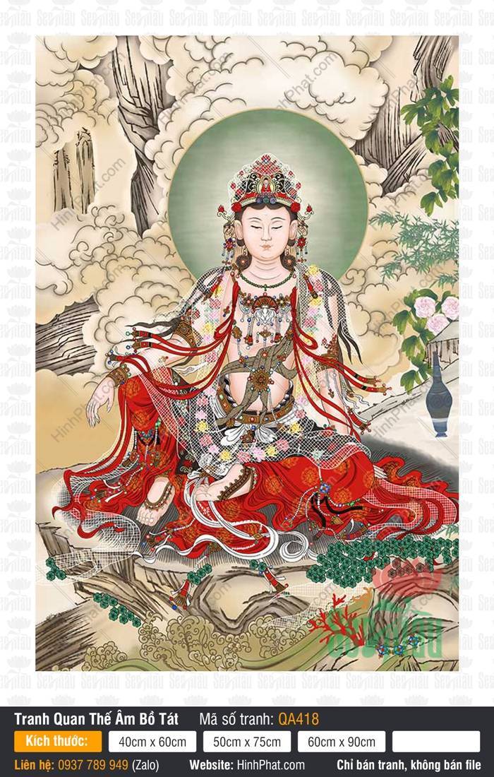 Hình Đẹp Nhất Về Phật Quan Âm Bồ QA418 Hình Đẹp Nhất Về Phật Quan Âm Bồ QA418 tọa thiền trên núi đá mây trắng hào quang xanh