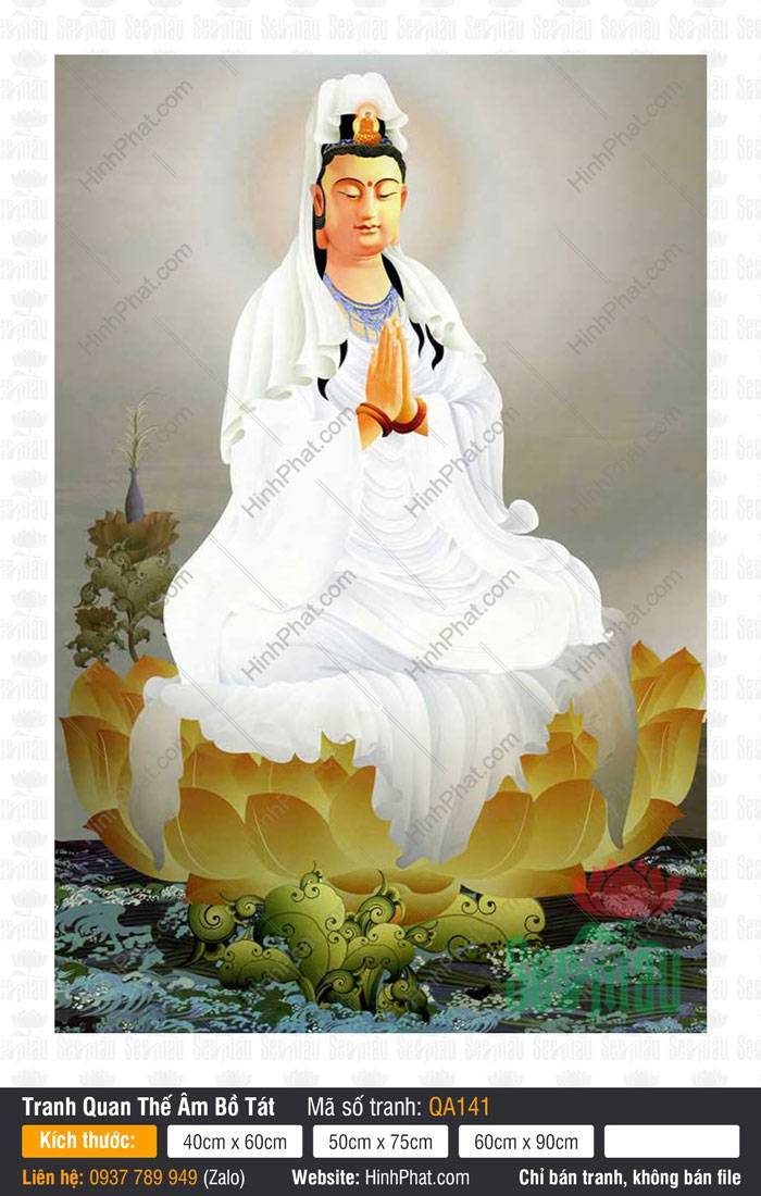Hình Mẹ Quan Âm Đẹp Nhất QA141 Hình Mẹ Quan Âm Đẹp Nhất QA141 khoác áo trắng chắp tay an tọa trên tòa sen vàng
