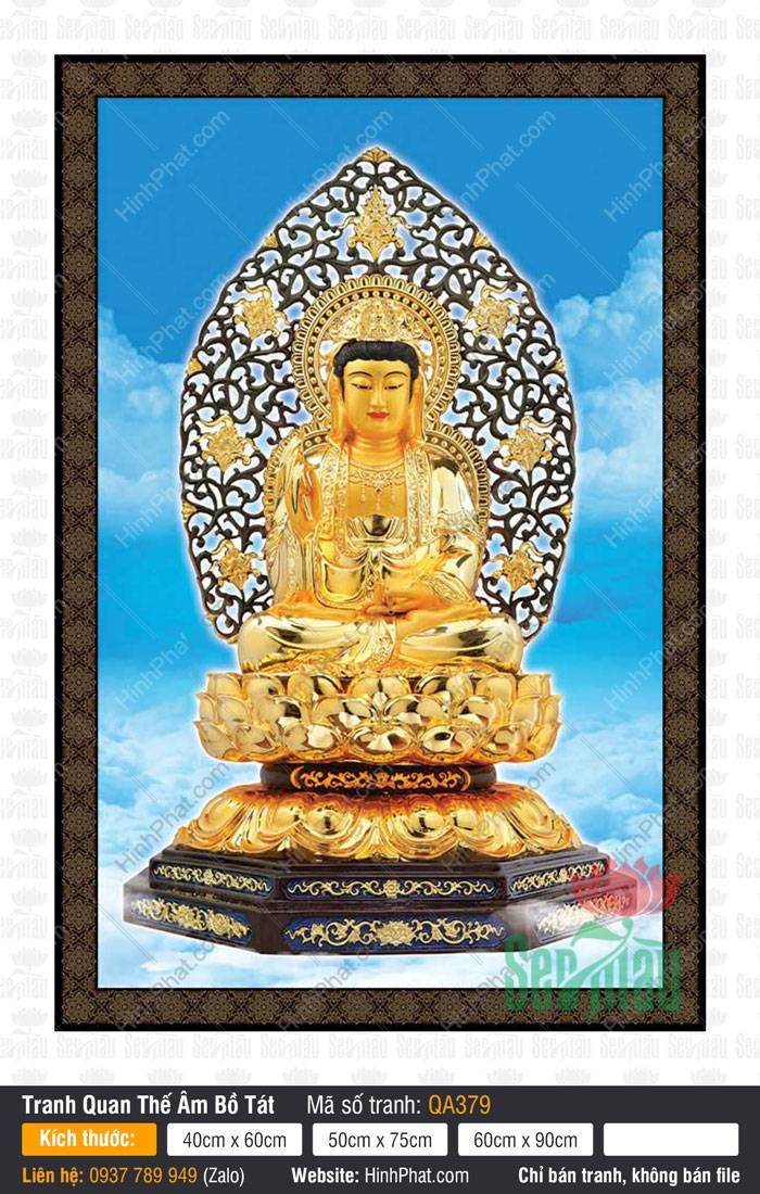 Hình Mẹ Quan Âm Đẹp Nhất QA379 Hình Mẹ Quan Âm Đẹp Nhất QA379 tôn tượng vàng ngồi tòa sen giữa nền trời xanh