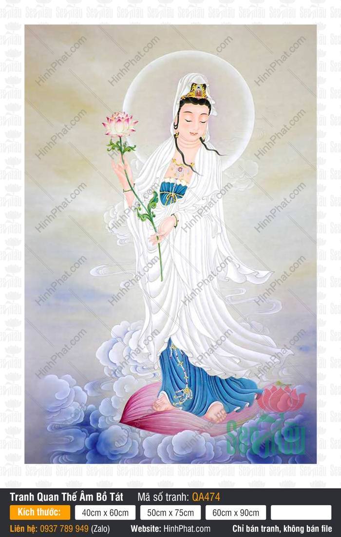 Hình Mẹ Quan Âm Đẹp Nhất QA474 Hình Mẹ Quan Âm Đẹp Nhất QA474 đứng trên cánh sen hồng cầm đóa hoa sen giữa tầng mây