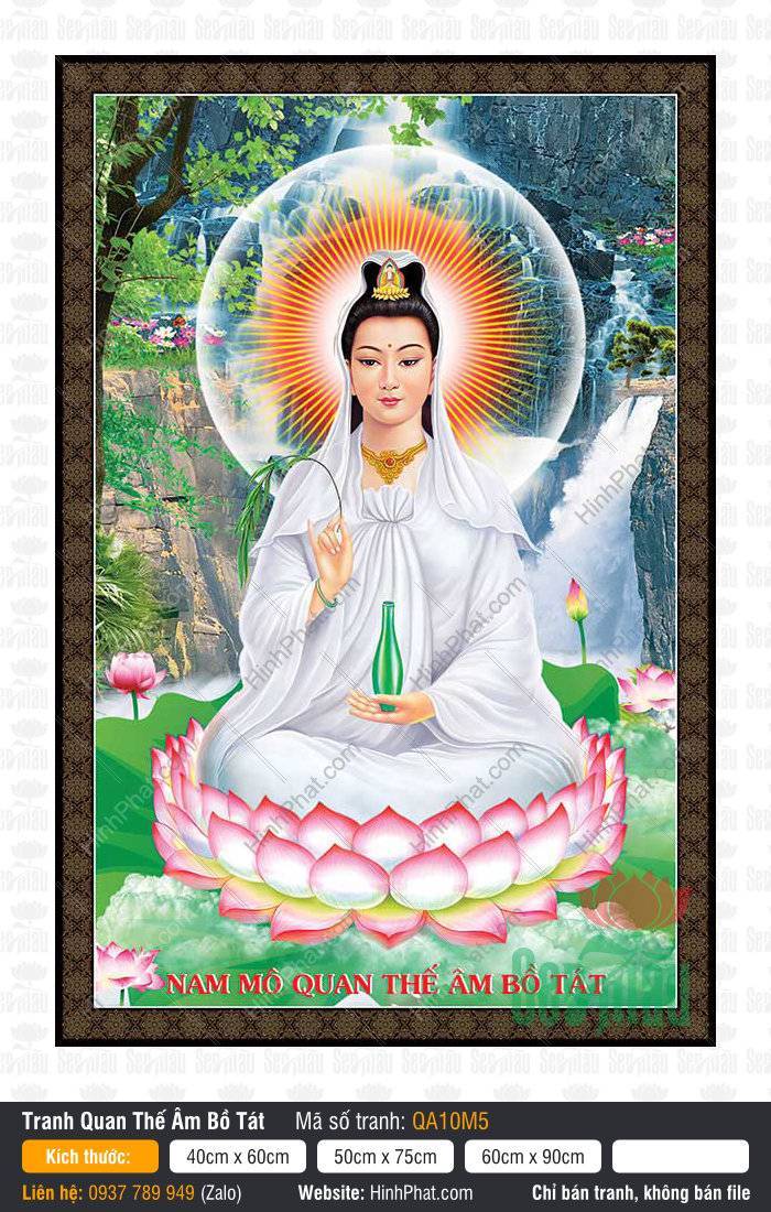 Hình Mẹ Quan Âm Khổ Lớn QA10M5 Hình Mẹ Quan Âm Khổ Lớn QA10M5 ngự đài sen hồng khoác y trắng bên thác nước