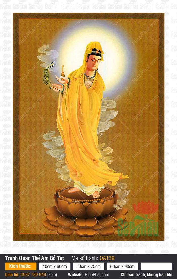 Hình Mẹ Quan Âm Khổ Lớn QA139 Hình Mẹ Quan Âm Khổ Lớn QA139 khoác y áo vàng đứng trên tòa sen gỗ nâu