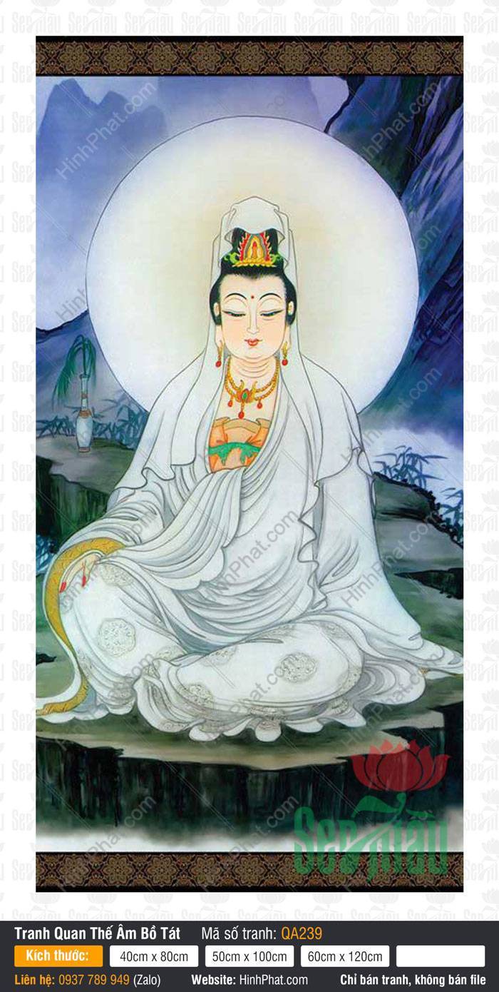 Hình Mẹ Quan Âm Khổ Lớn QA239 Hình Mẹ Quan Âm Khổ Lớn QA239 khoác bạch y ngồi tọa thiền trên đài đá vầng hào quang tròn