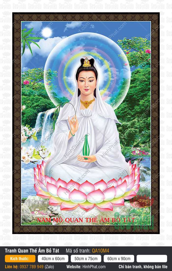 Hình Mẹ Quan Âm Kích Thước Lớn QA10M4 Hình Mẹ Quan Âm Kích Thước Lớn QA10M4 ngồi đài sen hồng giữa thác nước xanh