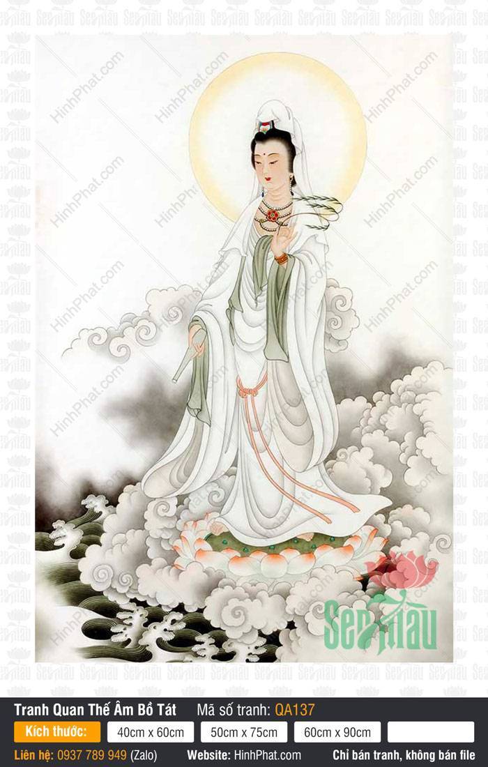 Hình Mẹ Quan Âm QA137 Hình Mẹ Quan Âm QA137 áo trắng thắt lụa xanh đứng trên đài sen giữa mây