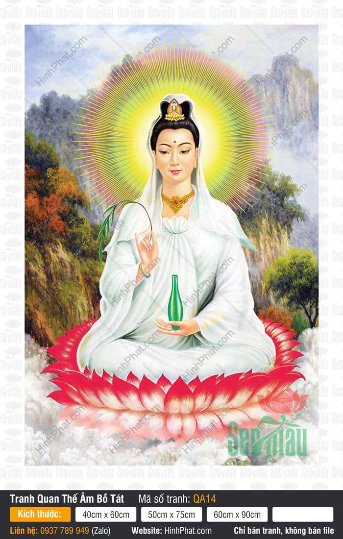 Hình Mẹ Quan Âm QA14 Hình Mẹ Quan Âm QA14 ngự đài sen đỏ tỏa hào quang trước cảnh núi rừng mờ sương