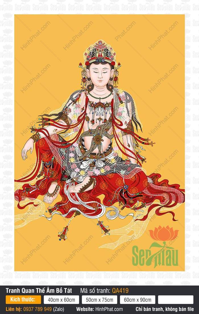 Hình Mẹ Quan Âm QA419 Hình Mẹ Quan Âm QA419 tọa thiền trên tòa sen y phục đỏ gấm hoa văn tinh xảo rực rỡ