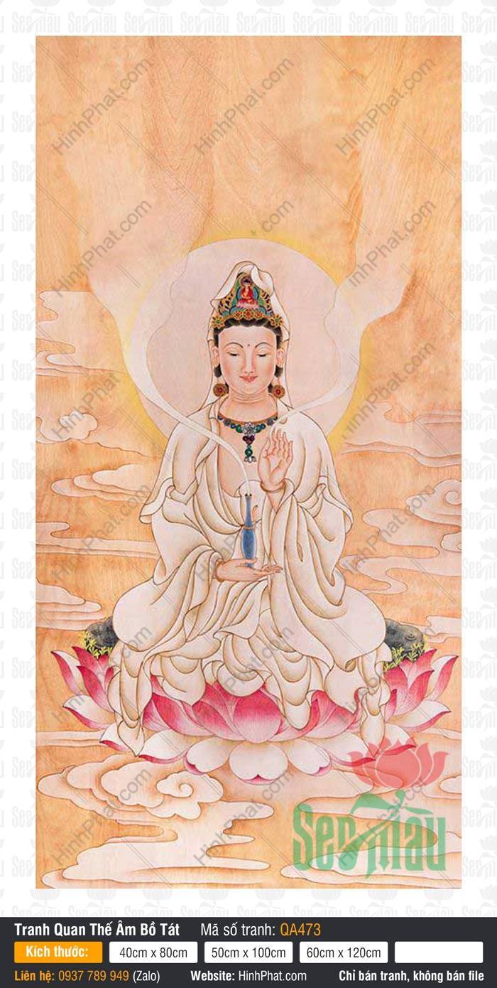 Hình Mẹ Quan Âm QA473 Hình Mẹ Quan Âm QA473 tọa thiền trên đài sen hồng tay cầm tịnh bình xanh