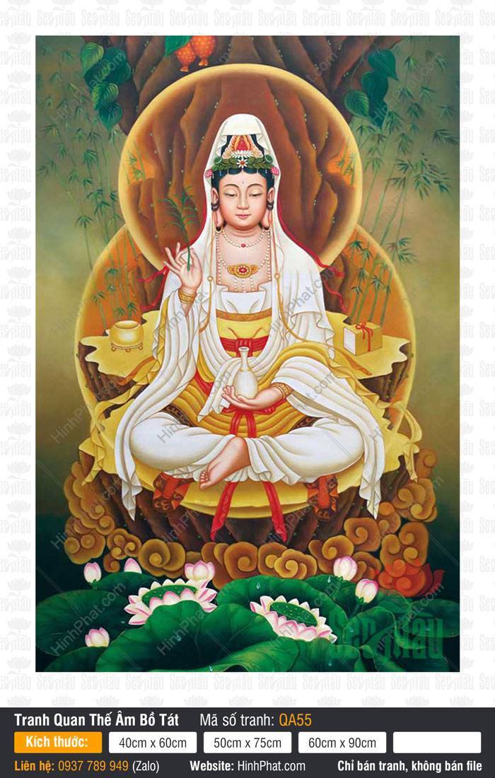 Hình Mẹ Quan Âm QA55 Hình Mẹ Quan Âm QA55 áo trắng tọa thiền nâng bình cam lộ bên hồ sen xanh