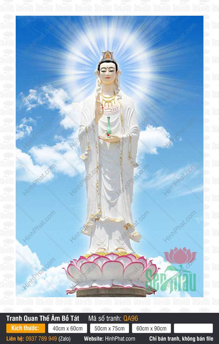 Hình Mẹ Quan Âm QA96 Hình Mẹ Quan Âm QA96 khoác y áo trắng đứng trên đài sen hồng giữa trời mây