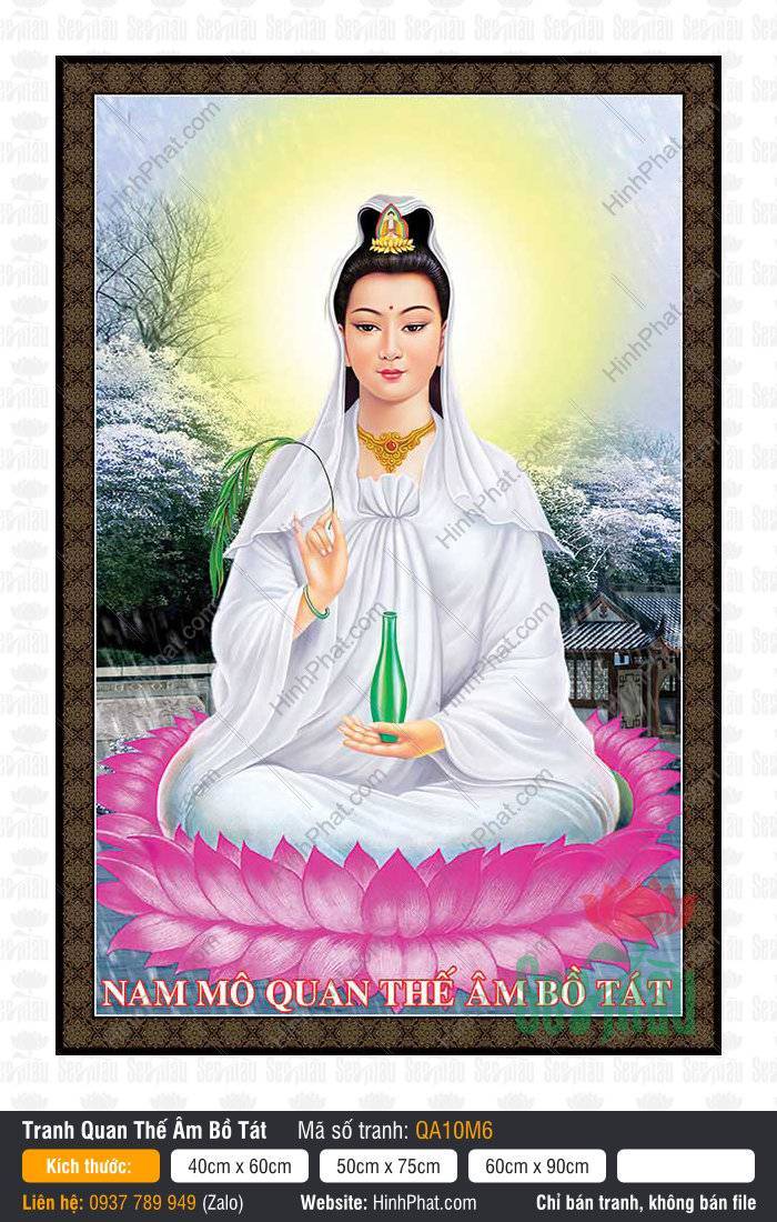 Hình Mẹ Quan Âm Size Lớn QA10M6 Hình Mẹ Quan Âm Size Lớn QA10M6 ngự đài sen hồng giữa phong cảnh hoa trắng