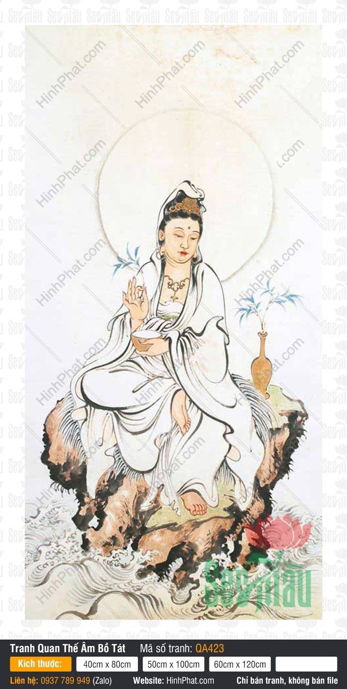 Hình Mẹ Quan Thế Âm Bồ Tát Đẹp QA423 Hình Mẹ Quan Thế Âm Bồ Tát Đẹp QA423 tọa trên gành đá giữa sóng nước mênh mông