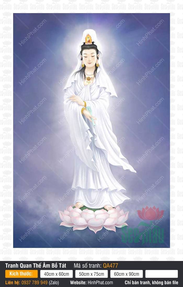 Hình Mẹ Quan Thế Âm Bồ Tát Đẹp QA477 Hình Mẹ Quan Thế Âm Bồ Tát Đẹp QA477 đứng trên đài sen hồng giữa mây trời