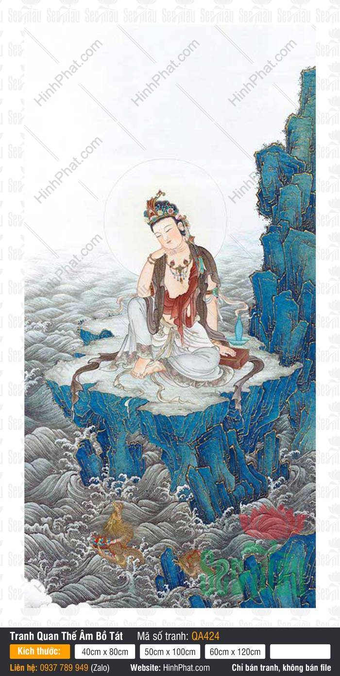 Hình Ngài Quán Thế Âm Bồ Tát QA424 Hình Ngài Quán Thế Âm Bồ Tát QA424 ngự tọa trên thạch đài xanh giữa đại dương cuộn sóng