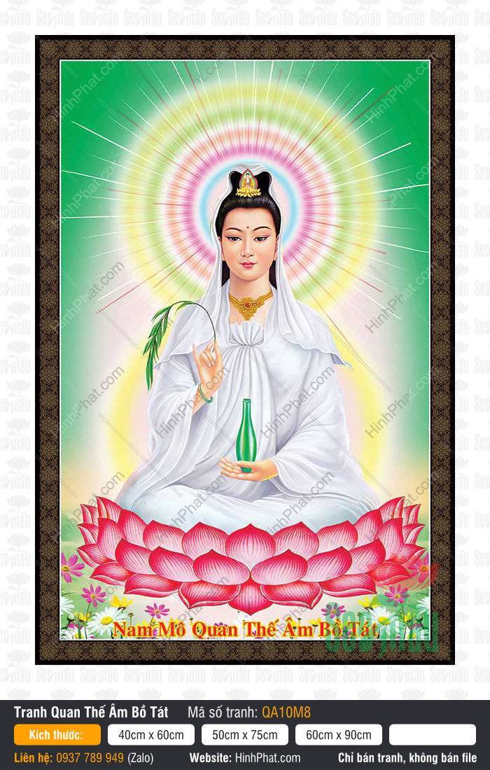 Hình Phật Bà Quan Âm QA10M8 Hình Phật Bà Quan Âm QA10M8 ngồi trên đài sen hồng tỏa hào quang sáng
