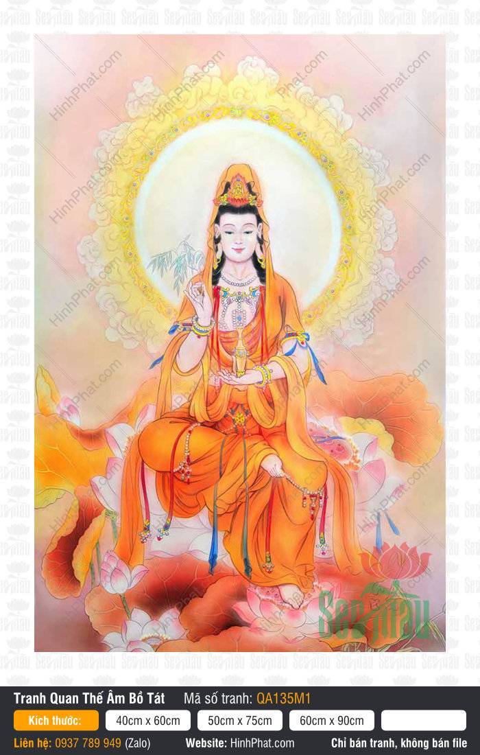 Hình Phật Bà Quan Âm QA135M1 Hình Phật Bà Quan Âm QA135M1 khoác áo cam an tọa trên đài sen hồng