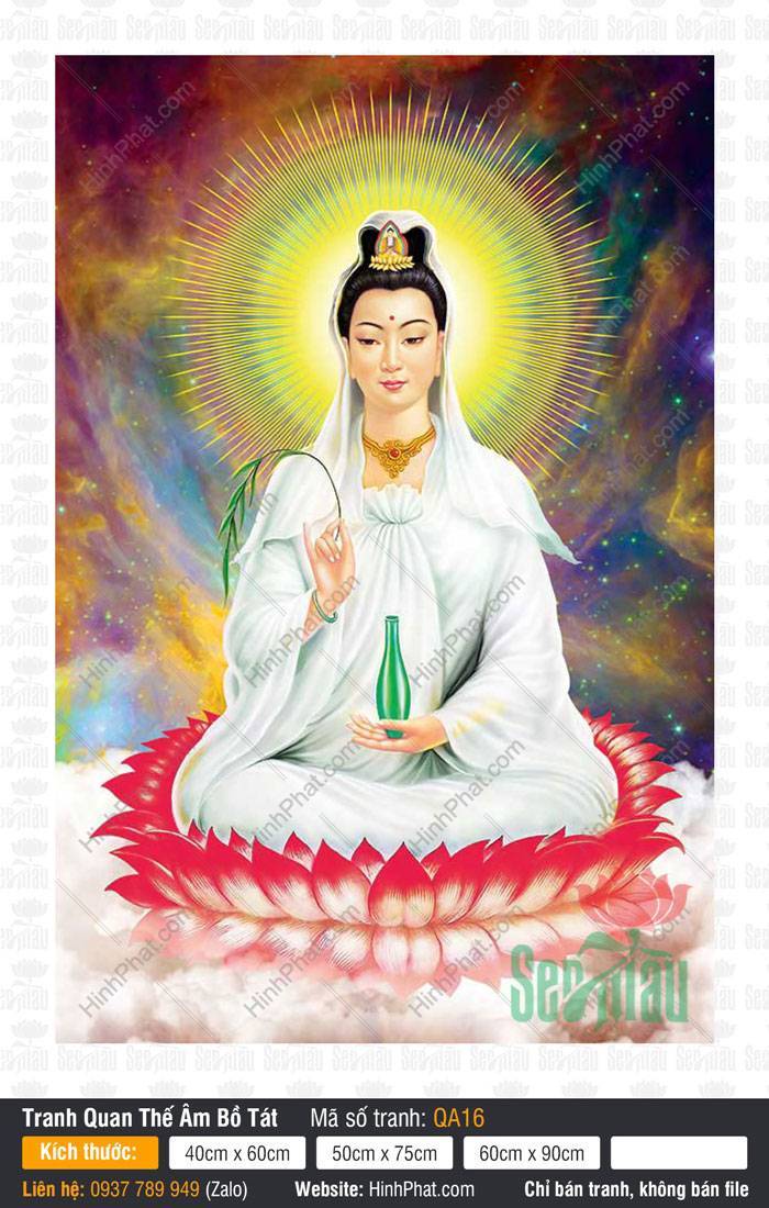 Hình Phật Bà Quan Âm QA16 Hình Phật Bà Quan Âm QA16 ngồi trên tòa sen đỏ giữa vòm sao vũ trụ