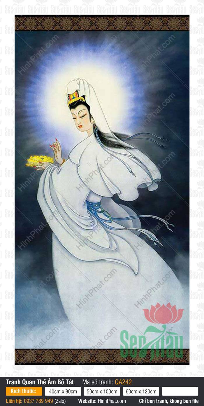 Hình Phật Bà Quan Âm QA242 Hình Phật Bà Quan Âm QA242 nghiêng thân khoác áo trắng nâng đóa sen vàng rực rỡ