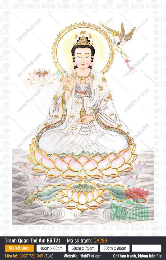 Hình Phật Bà Quan Âm QA289 Hình Phật Bà Quan Âm QA289 khoác bạch y tọa thiền trên tòa sen vàng hào quang sáng