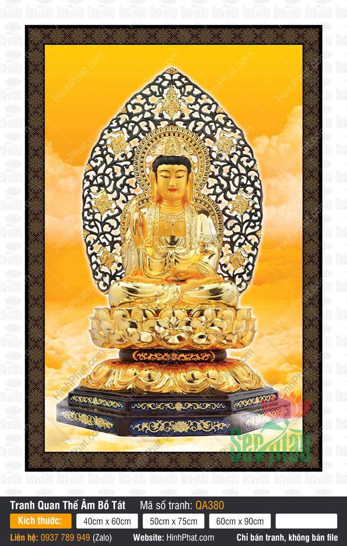 Hình Phật Bà Quan Âm QA380 Hình Phật Bà Quan Âm QA380 tôn tượng vàng ngồi thiền trên đài sen hào quang tinh xảo