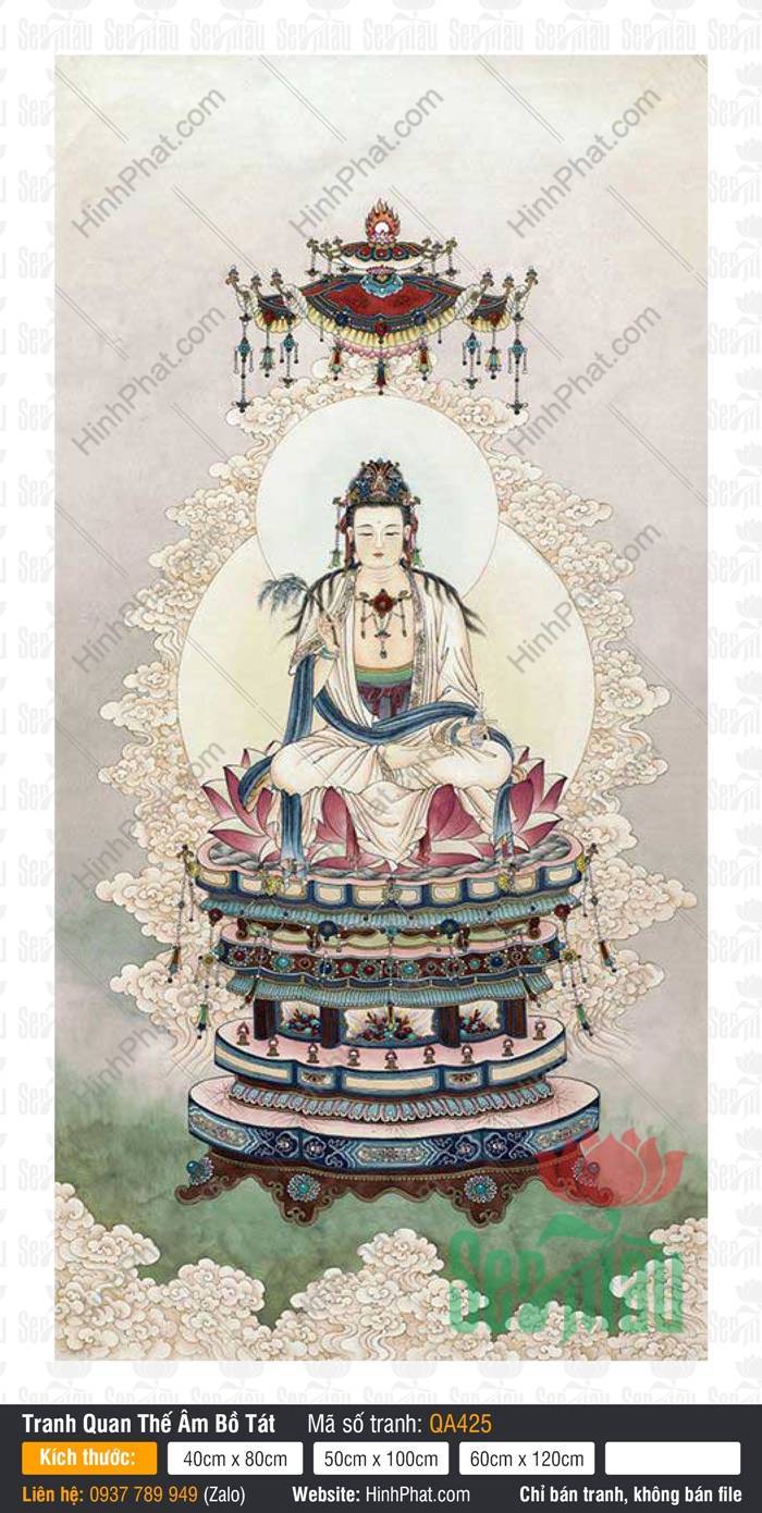 Hình Phật Bà Quan Âm QA425 Hình Phật Bà Quan Âm QA425 y phục trắng ngự tòa sen dưới tán lọng hoa