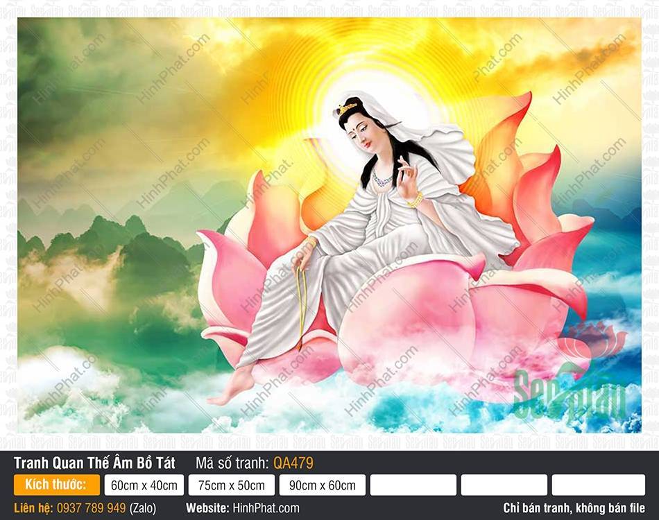 Hình Phật Bà Quan Âm QA479 Hình Phật Bà Quan Âm QA479 tọa trên đài sen hồng giữa núi xanh và hào quang rạng rỡ