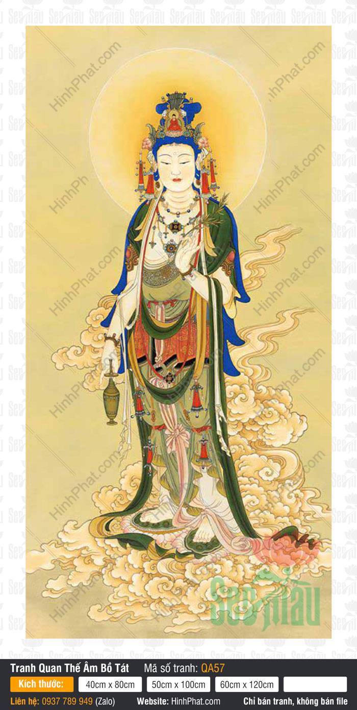 Hình Phật Bà Quan Âm QA57 Hình Phật Bà Quan Âm QA57 khoác y xanh dáng đứng trên đài mây vàng