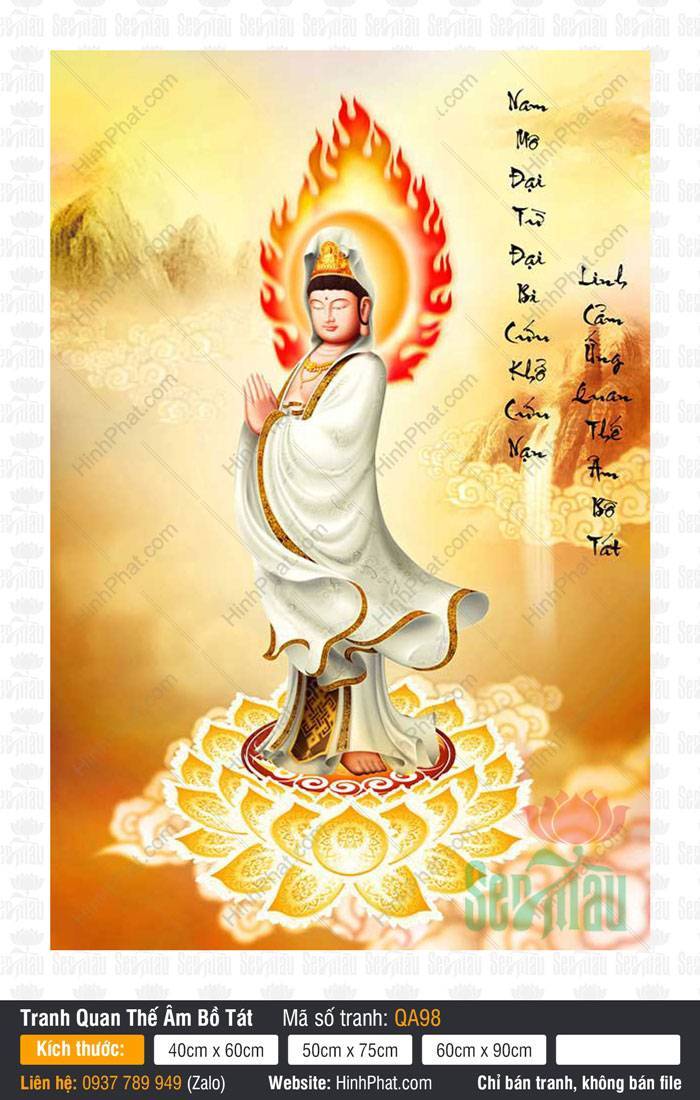 Hình Phật Bà Quan Âm QA98 Hình Phật Bà Quan Âm QA98 áo trắng đứng chắp tay trên đài sen vàng