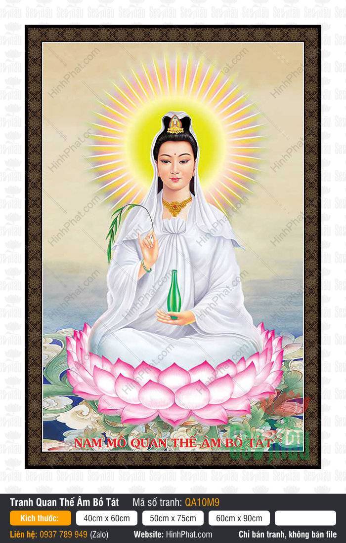 Hình Phật Mẹ Quan Âm QA10M9 Hình Phật Mẹ Quan Âm QA10M9 ngồi đài sen hồng cầm cành dương liễu