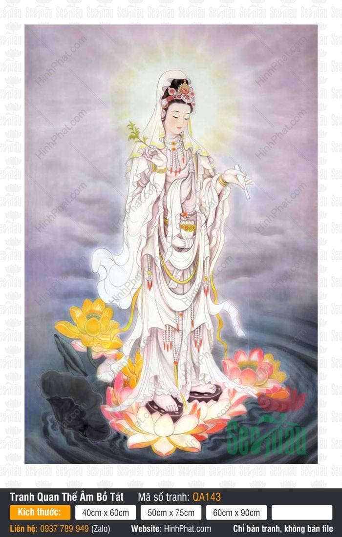 Hình Phật Mẹ Quan Âm QA143 Hình Phật Mẹ Quan Âm QA143 khoác áo trắng ngự tòa sen vàng hồng
