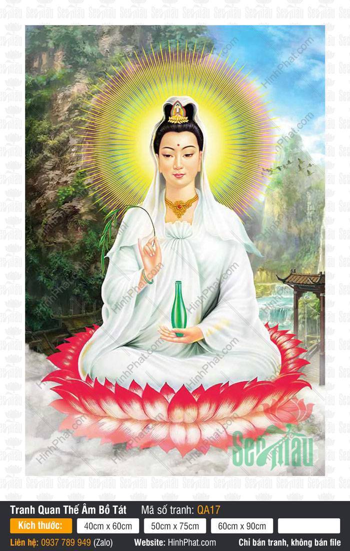 Hình Phật Mẹ Quan Âm QA17 Hình Phật Mẹ Quan Âm QA17 ngự đài sen hồng khoác y trắng tay cầm bình cam lộ