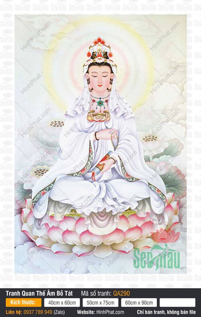 Hình Phật Mẹ Quan Âm QA290 Hình Phật Mẹ Quan Âm QA290 an tọa đài sen hồng tay cầm cuộn kinh thư