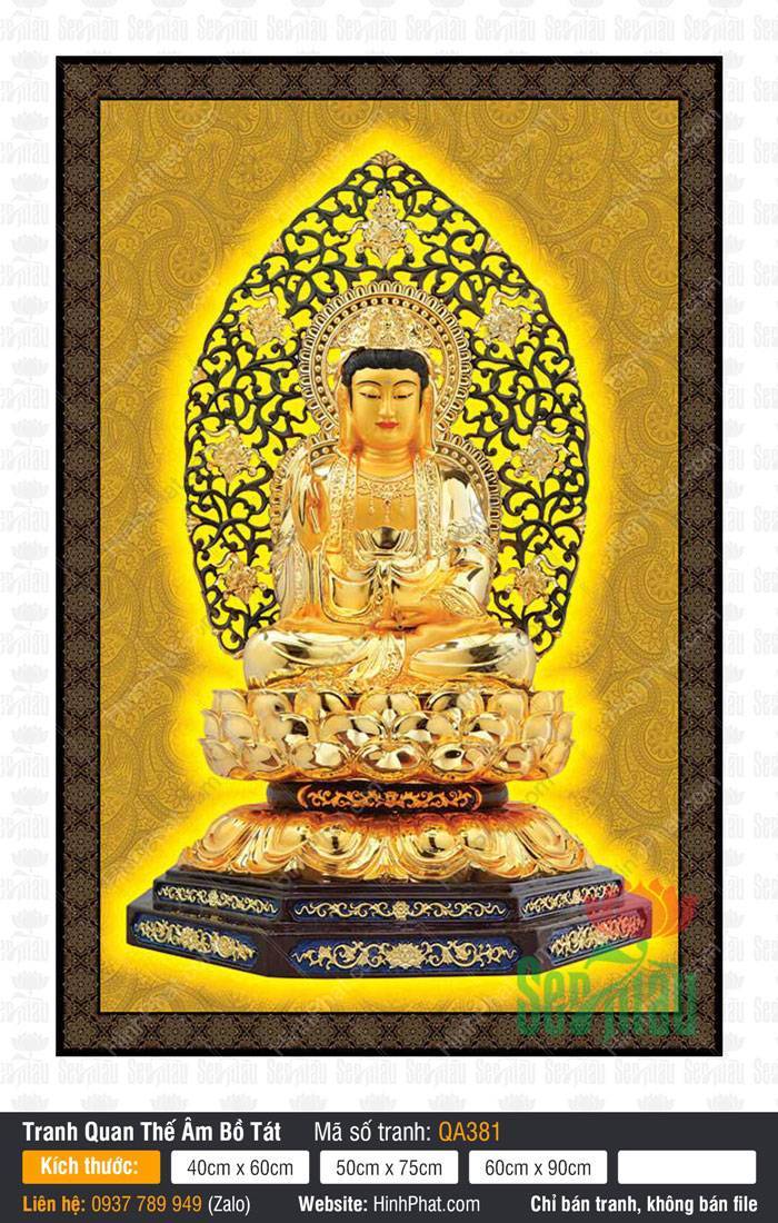 Hình Phật Mẹ Quan Âm QA381 Hình Phật Mẹ Quan Âm QA381 tôn tượng dát vàng ngồi trên đài sen hào quang lá bồ đề