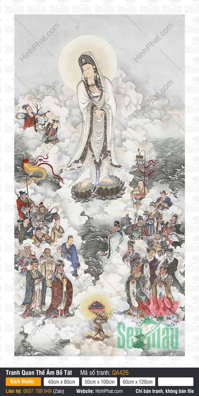 Hình Phật Mẹ Quan Âm QA426 Hình Phật Mẹ Quan Âm QA426 ngự tòa sen trên vân hải triều âm cùng chư vị hộ pháp