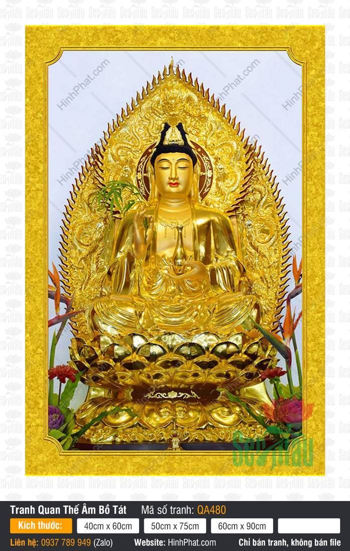 Hình Phật Mẹ Quan Âm QA480 Hình Phật Mẹ Quan Âm QA480 tôn tượng dát vàng tọa thiền trên đài sen báu rực rỡ