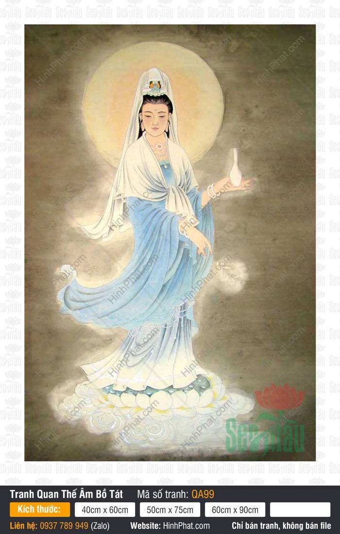 Hình Phật Mẹ Quan Âm QA99 Hình Phật Mẹ Quan Âm QA99 khoác y áo xanh đứng trên đài sen trắng nâng bình tịnh thủy