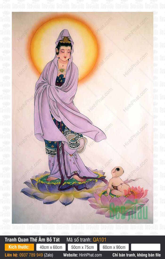 Hình Phật Quan Âm Bồ Tát Đẹp Nhất QA101 Hình Phật Quan Âm Bồ Tát Đẹp Nhất QA101 khoác y áo tím đứng đài sen bên đồng tử