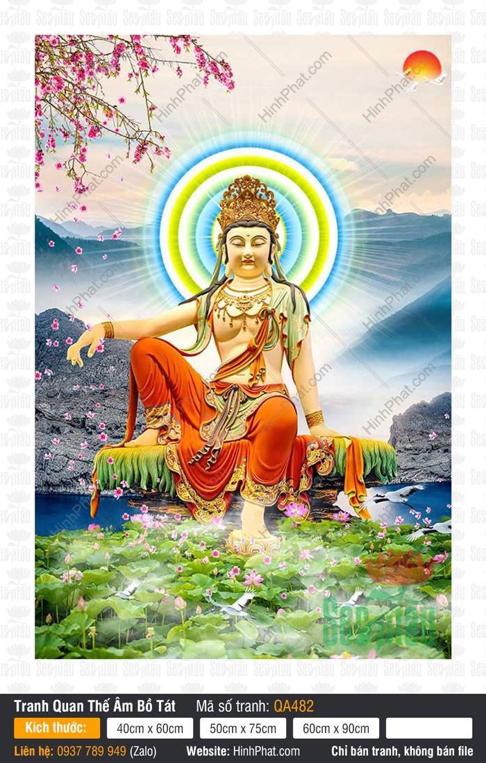 Hình Phật Quan Âm Bồ Tát Đẹp Nhất QA482 Hình Phật Quan Âm Bồ Tát Đẹp Nhất QA482 tọa tự tại trên ghềnh đá bên hồ sen rực rỡ