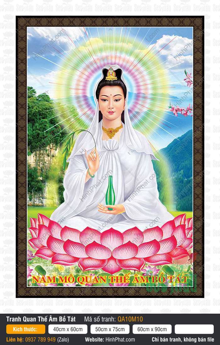 Hình Phật Quan Âm Bồ Tát QA10M10 Hình Phật Quan Âm Bồ Tát QA10M10 ngự đài sen hồng khoác y trắng tay cầm bình tịnh thủy