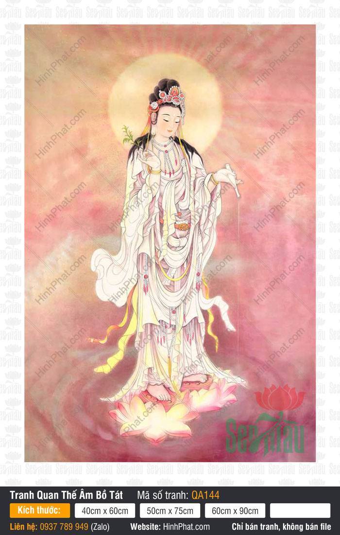Hình Phật Quan Âm Bồ Tát QA144 Hình Phật Quan Âm Bồ Tát QA144 đứng trên đài sen hồng giữa nền mây hồng ấm