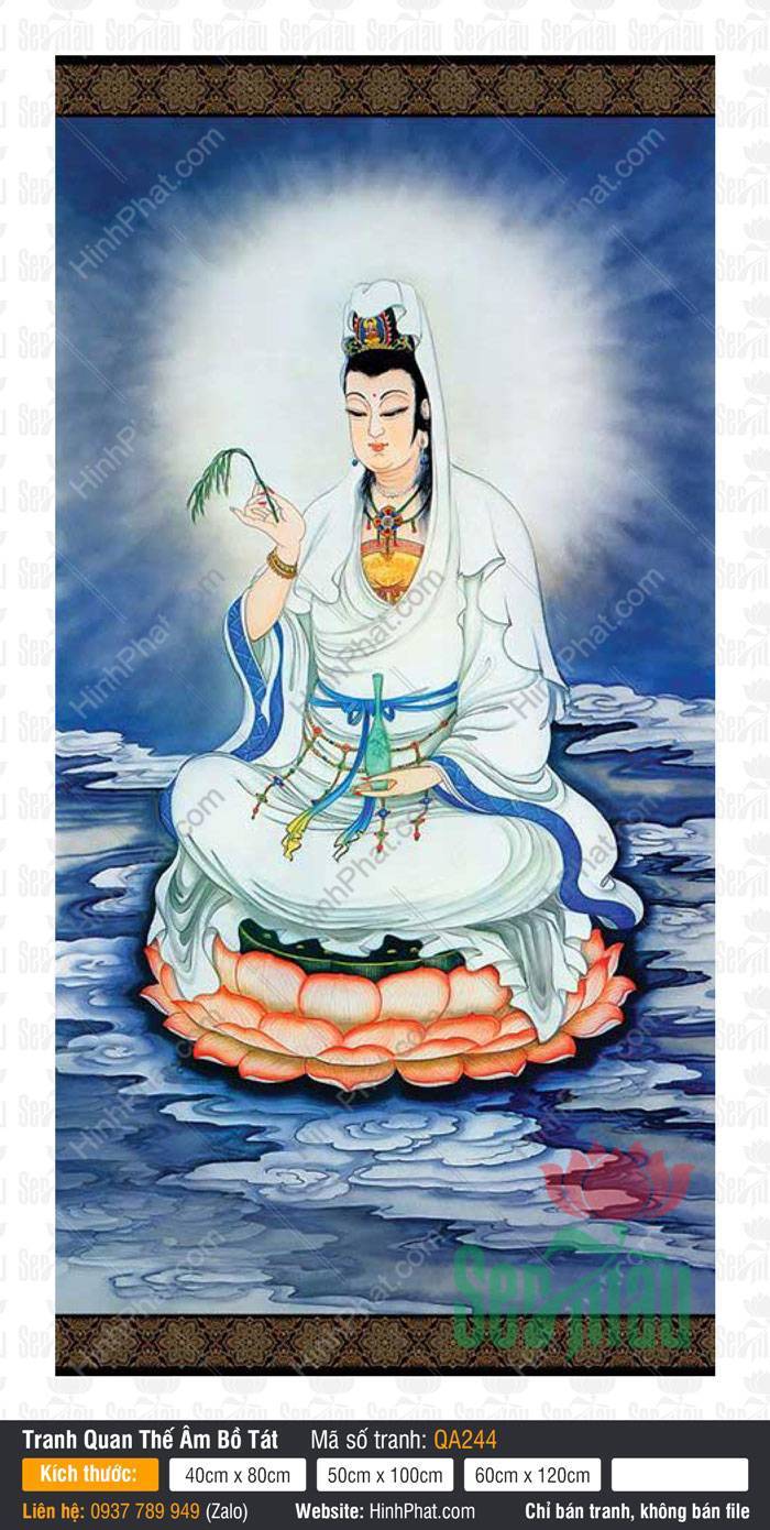 Hình Phật Quan Âm Bồ Tát QA244 Hình Phật Quan Âm Bồ Tát QA244 khoác bạch y tọa thiền trên đài sen hồng rực rỡ