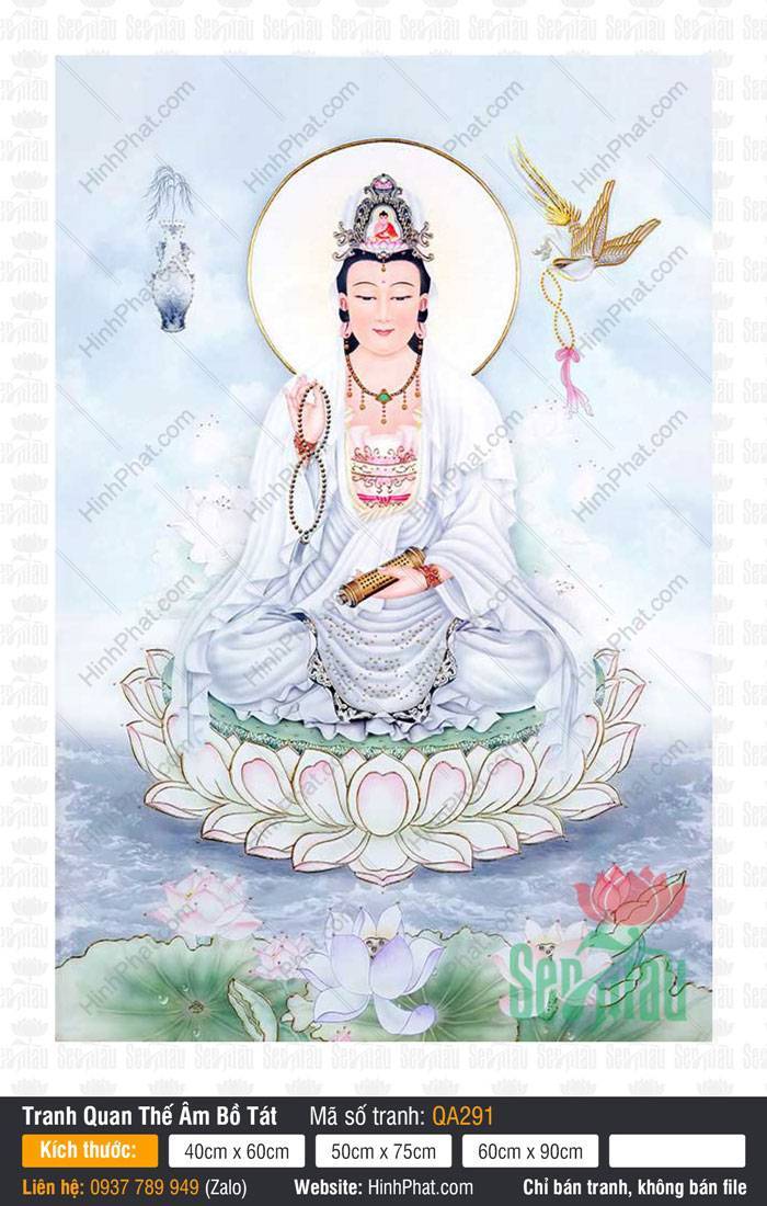 Hình Phật Quan Âm Bồ Tát QA291 Hình Phật Quan Âm Bồ Tát QA291 an tọa đài sen trắng tay nâng chuỗi hạt