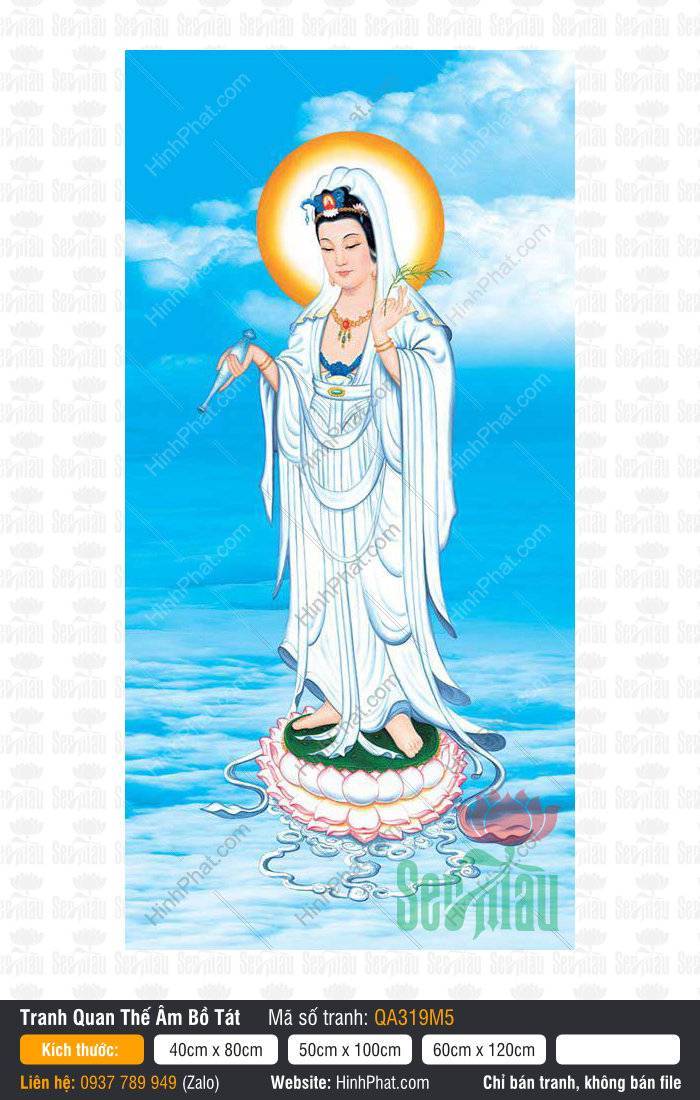 Hình Phật Quan Âm Bồ Tát QA319M5 Bức Hình Phật Quan Âm Bồ Tát QA319M5 áo trắng ngự đài sen giữa trời xanh