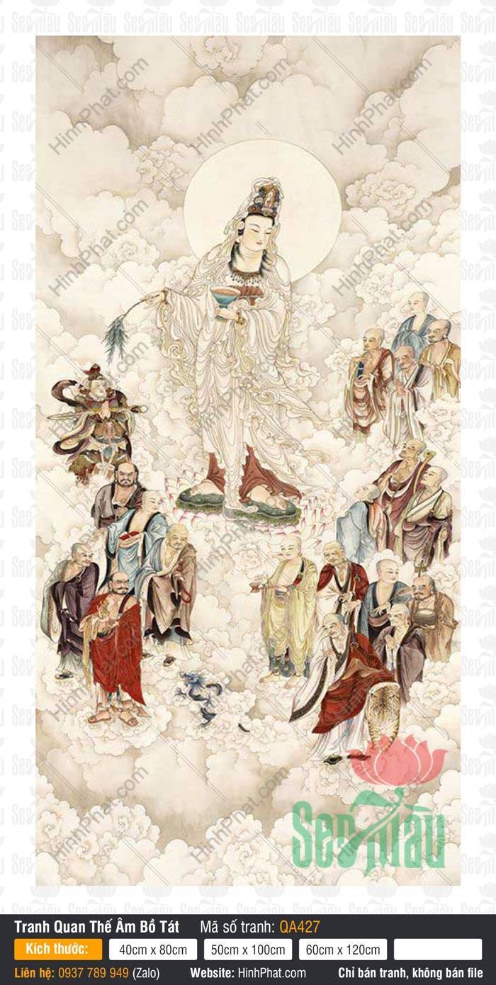 Hình Phật Quan Âm Bồ Tát QA427 Hình Phật Quan Âm Bồ Tát QA427 Đức Quan Âm đứng trên mây giữa chư vị La Hán